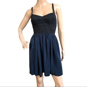 Amanda Uprichard Silk Champagne Dress in Black/ Blue Ruched skirt waist Size P